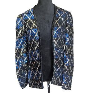 Vintage Partique New York Blue & Black Sequin Diamond Lattice Cardigan 80s